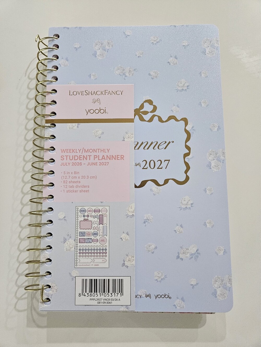 LoveShackFancy Light Blue Floral Planner with Gold Spiral